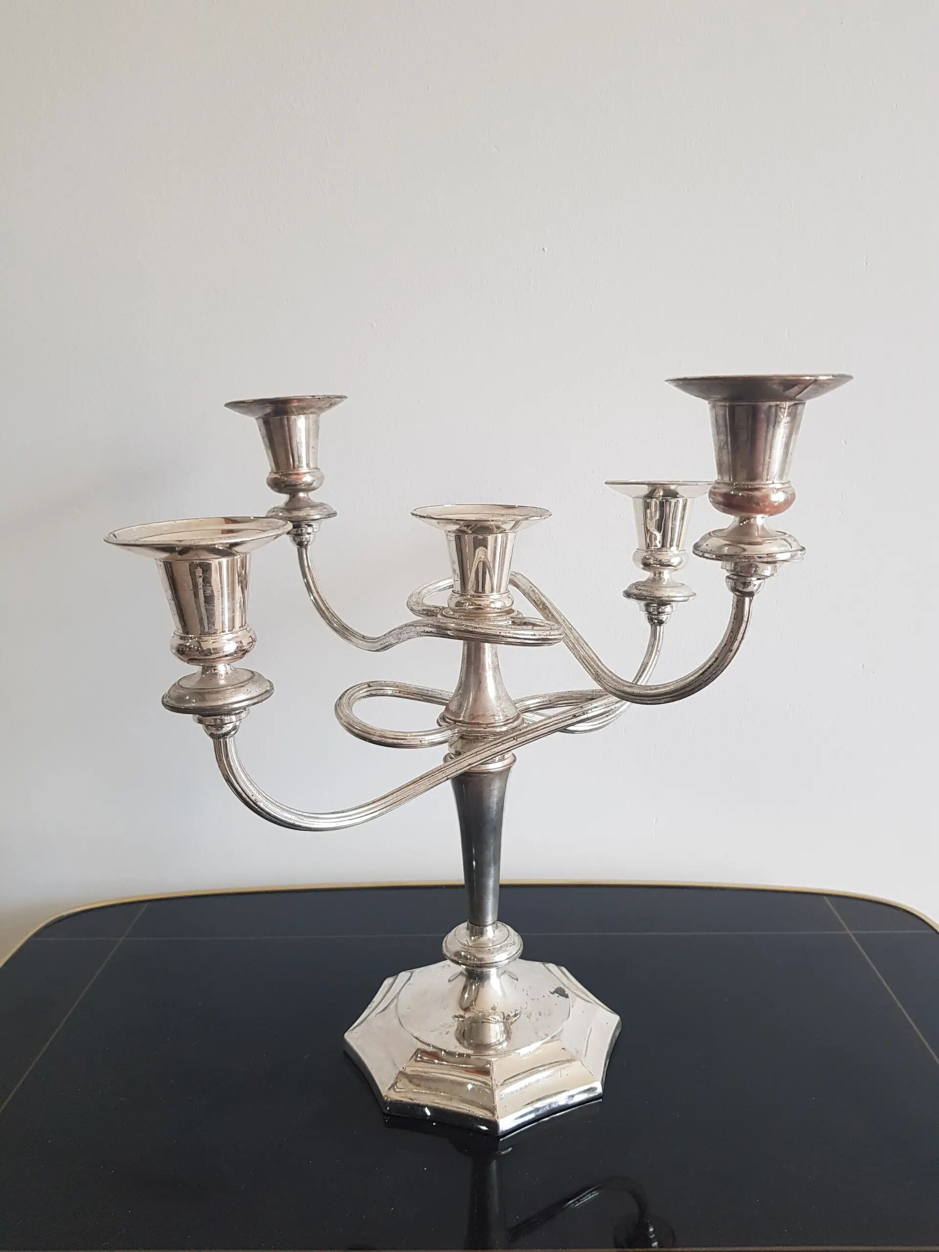 Five-branch chandelier, silvered, silver-plated brass, Italy, 1960s.