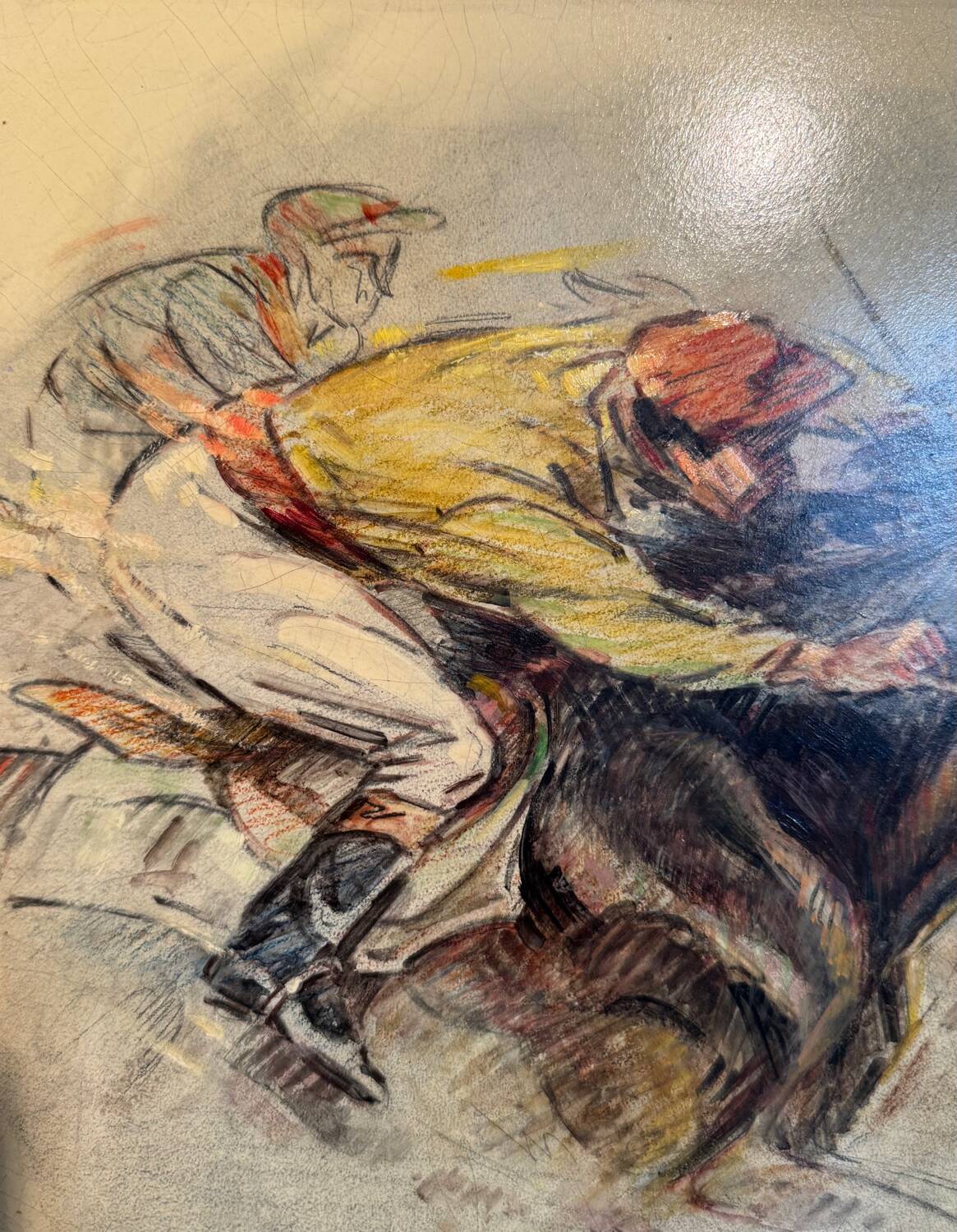 Old painting, horse scene, signed F Castellan, early 20th century