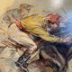 Old painting, horse scene, signed F Castellan, early 20th century