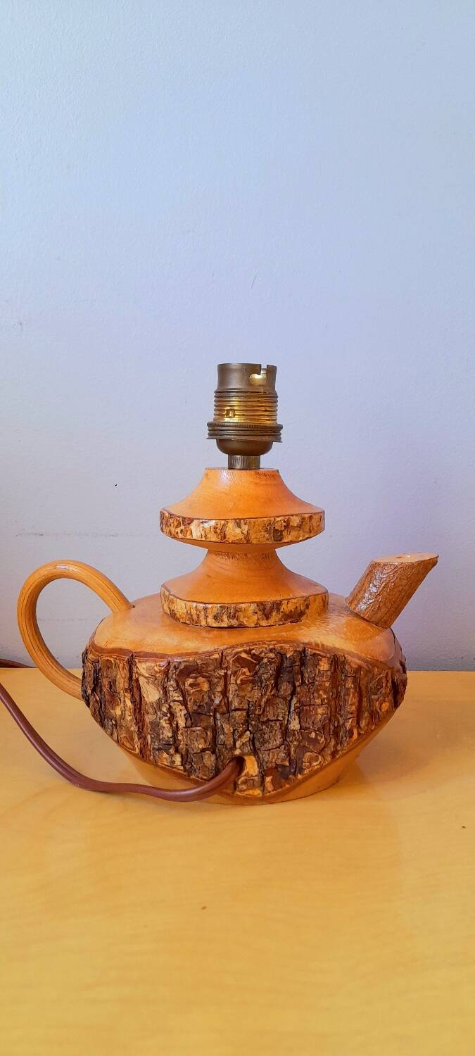 Pair of 60s brutalist wooden lamps