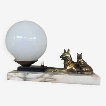 Ancienne lampe de table veilleuse globe opaline marbre