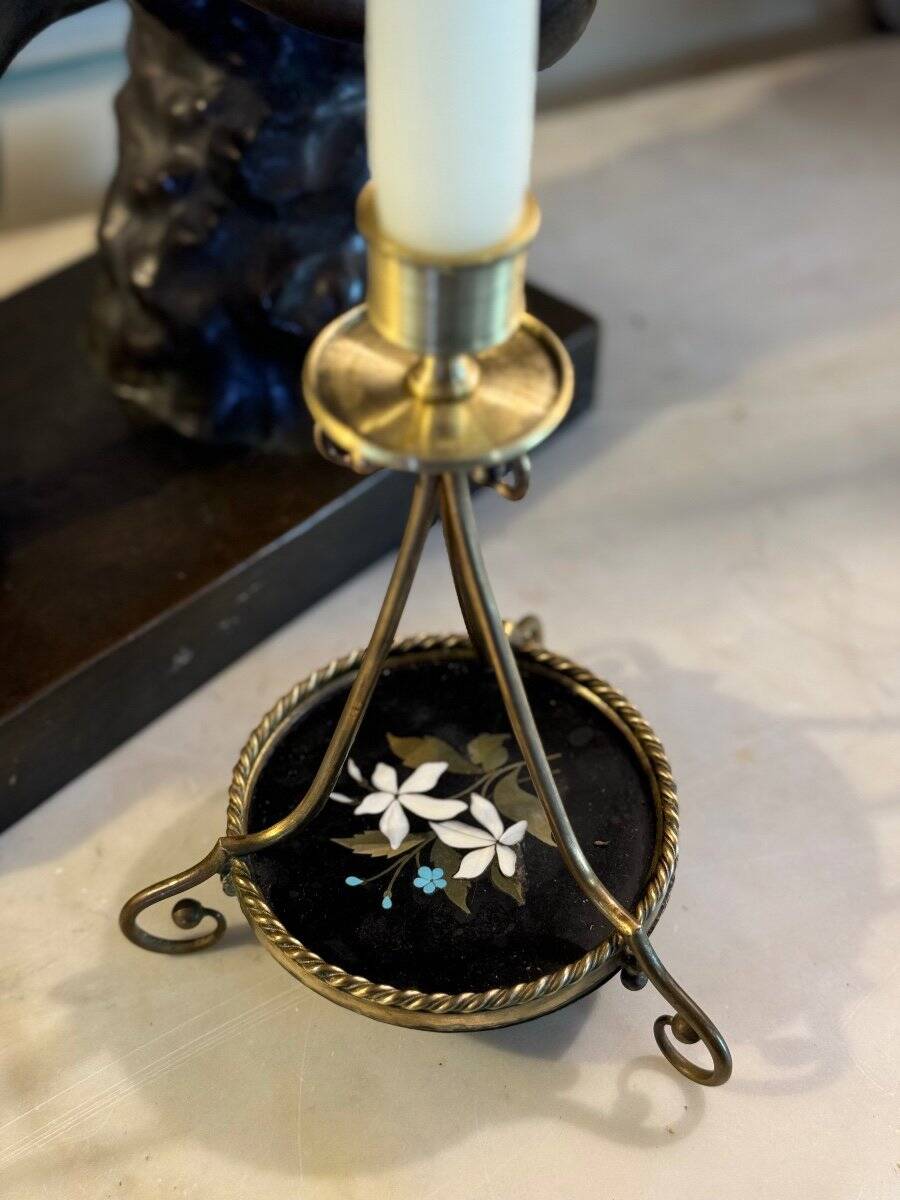 Pair of bronze candlesticks with pietra dura, marble marquetry, circa 1900.