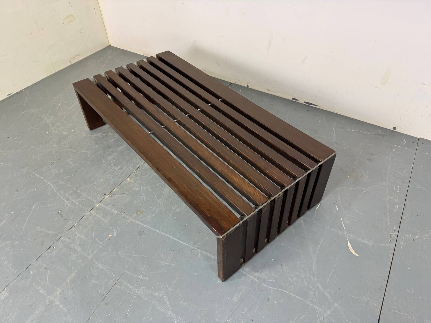 Mid Century Modernist wood and metal Slatted Bench Coffee Table