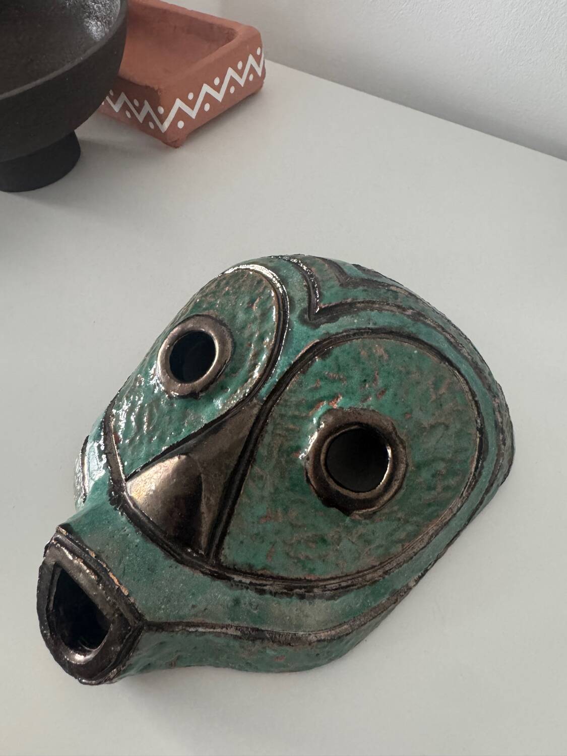 Glazed terracotta face mask tribal art 1980s