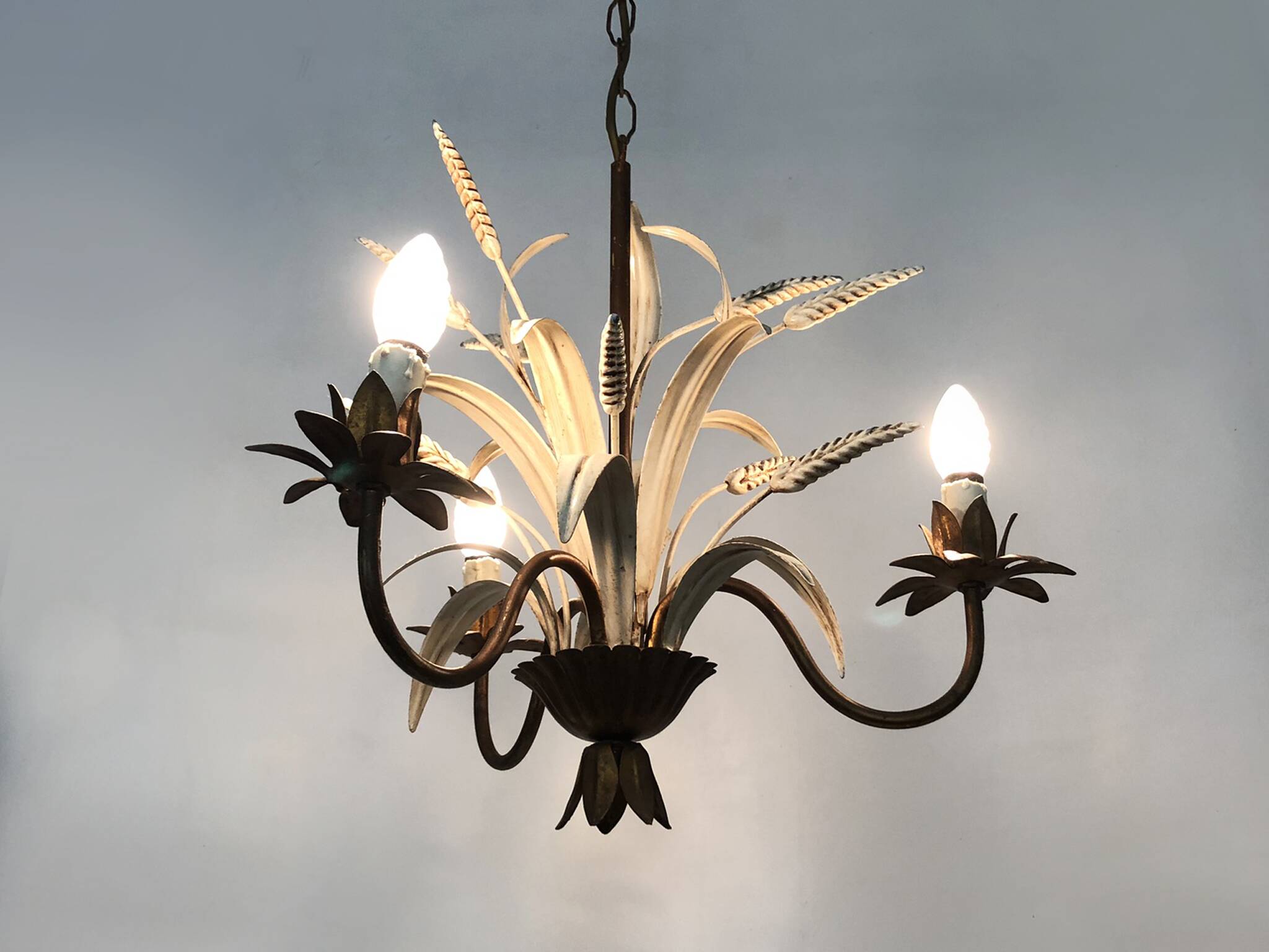 Vintage Maison Masca wheat ear chandelier in aged metal from the 70s