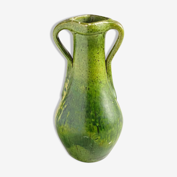 Vase vintage en faïence vert à anses