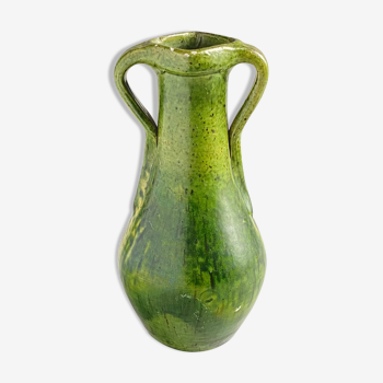 Vintage vase in green earthenware with handles