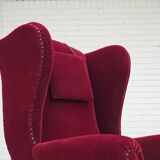 1960s, Danish highback wingback armchair, cherry-red furniture velour.