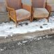 Pair of vintage cannage and fabric armchairs