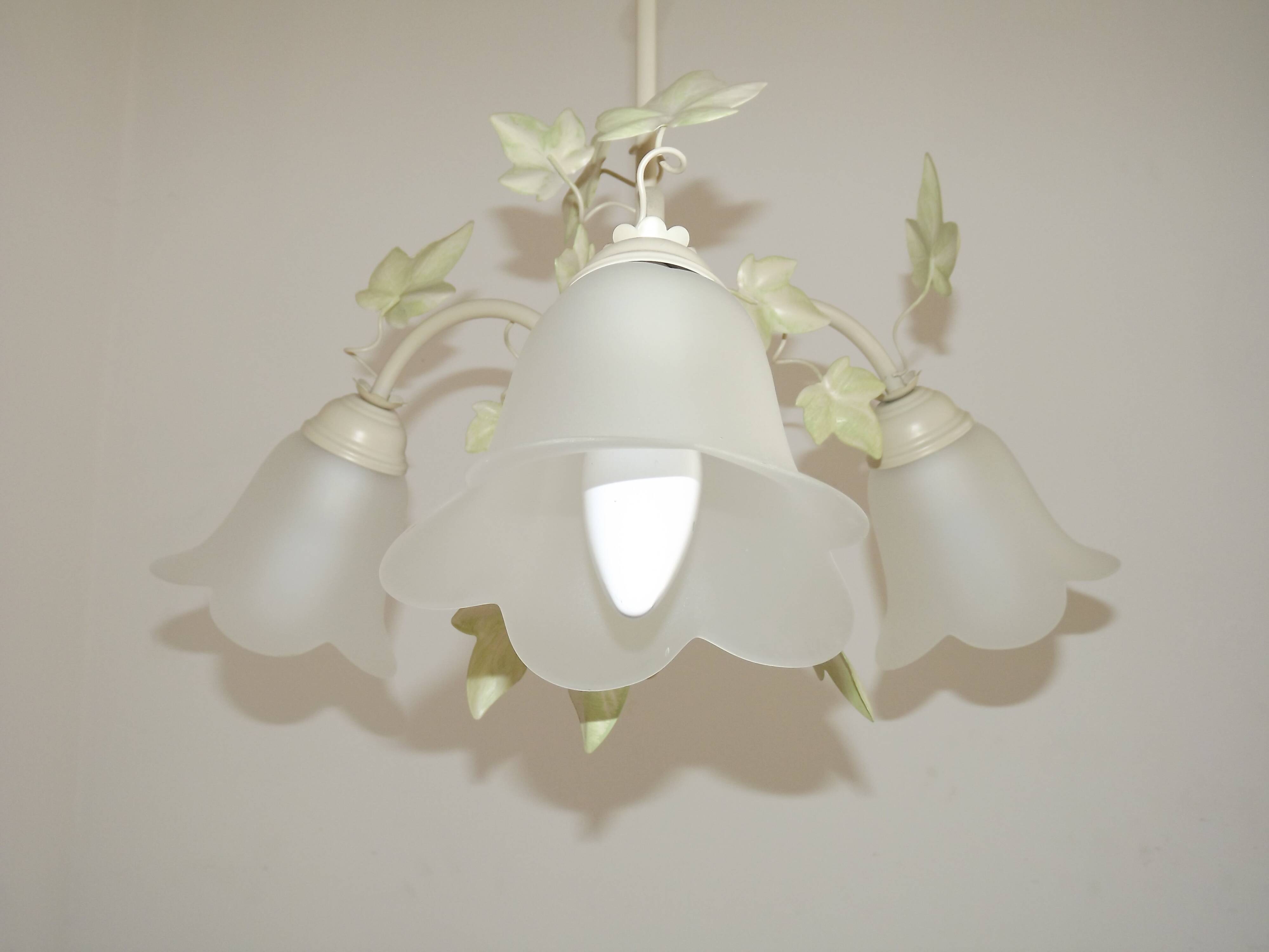 French Vintage 3 Light Green Ivy Chandelier with Opaque Glass Shades