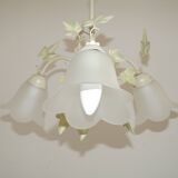 French Vintage 3 Light Green Ivy Chandelier with Opaque Glass Shades