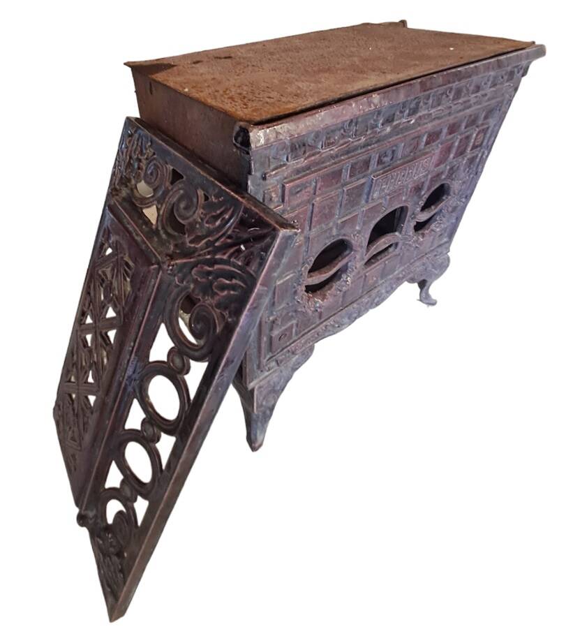 Antique enameled cast iron art deco wood stove, Phebus brand, aubergine color
