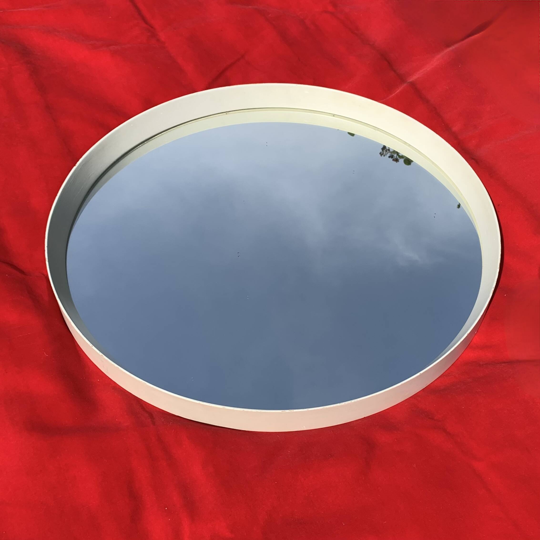 Vintage round mirror in white painted wood in one piece - 68 cm