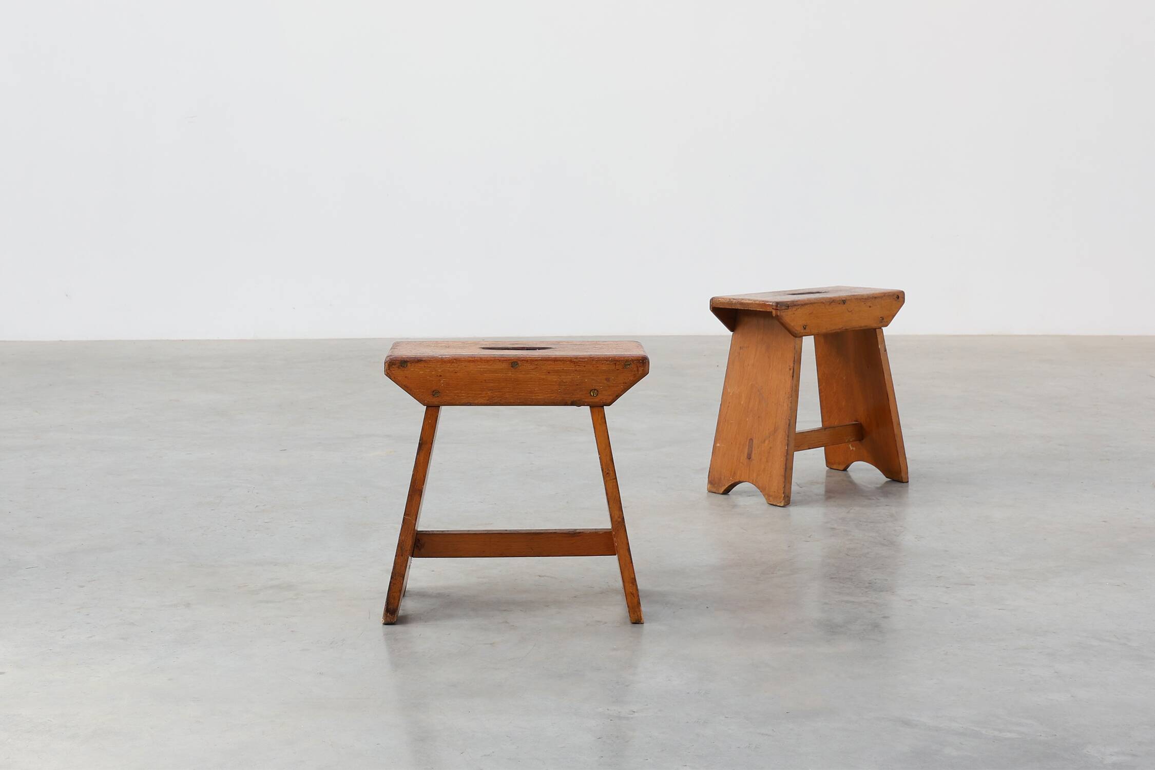 Rustic Pine Stool with Cut-Out Trestle Legs, Sweden, circa 1920