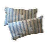 Pair of antique kilim style canvas cushions woven, patched and hand embroidered
