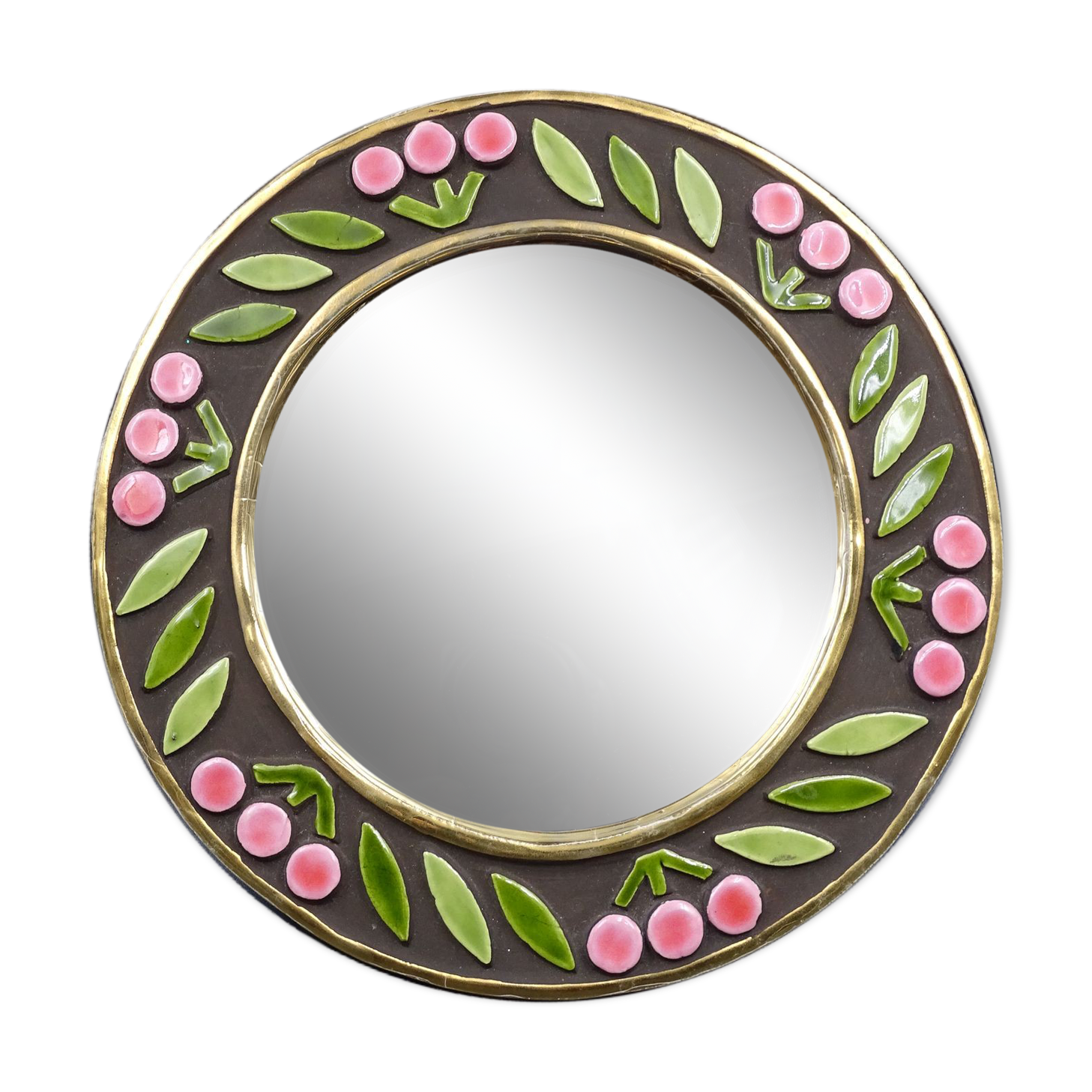 Small round mirror in earthenware- Cherry enamelled decoration - circa 1970