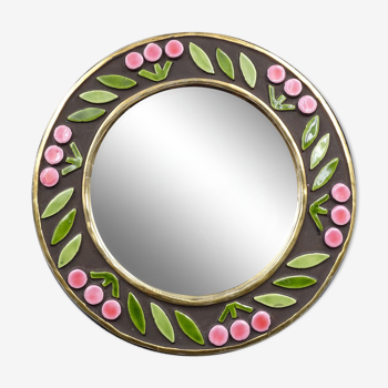 Small round mirror in earthenware- Cherry enamelled decoration - circa 1970