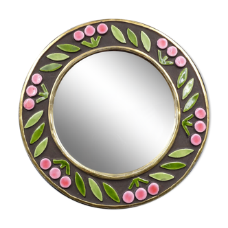 Small round mirror in earthenware- Cherry enamelled decoration - circa 1970
