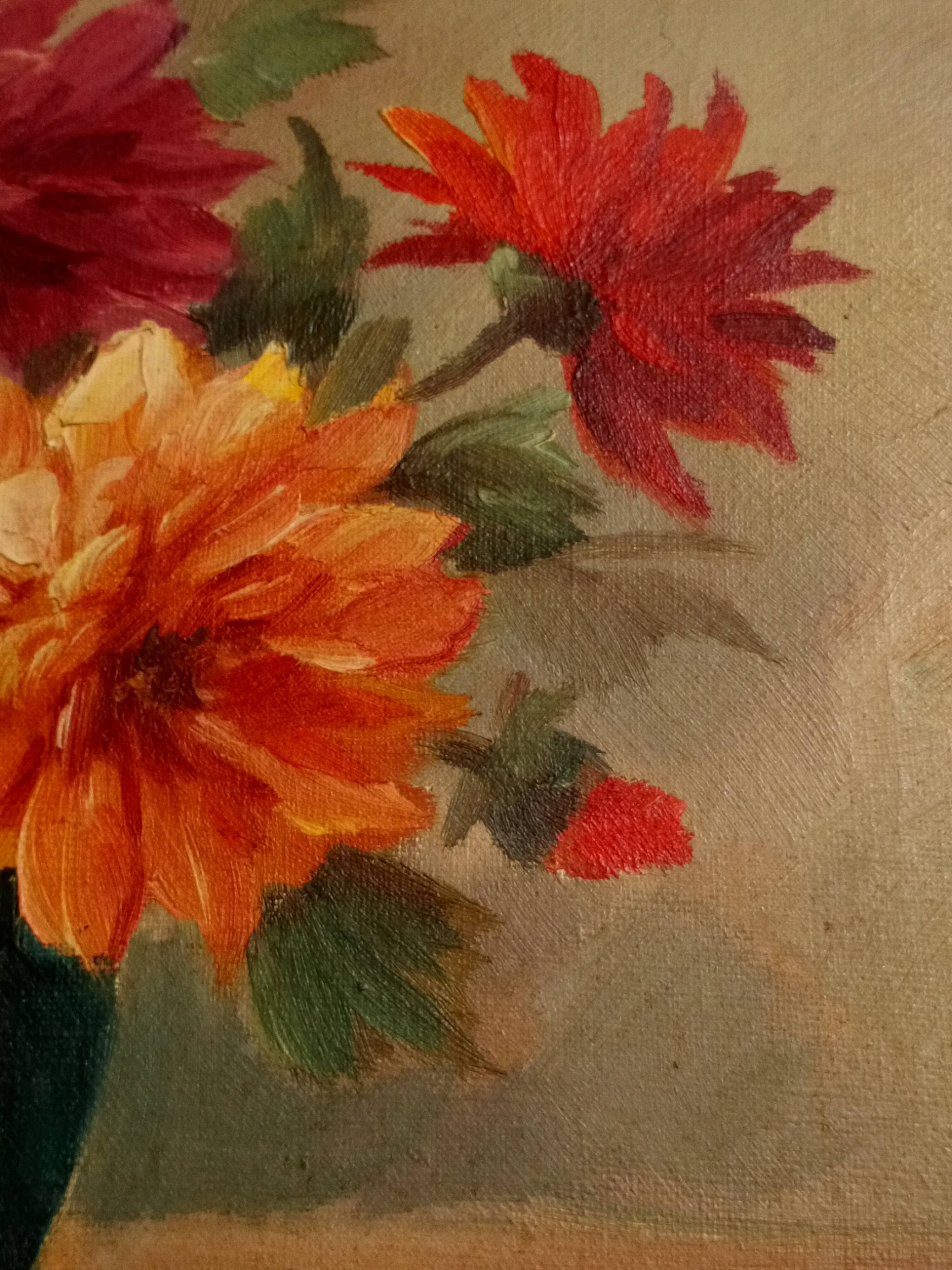 Oil on canvas vase with dalhias framed
