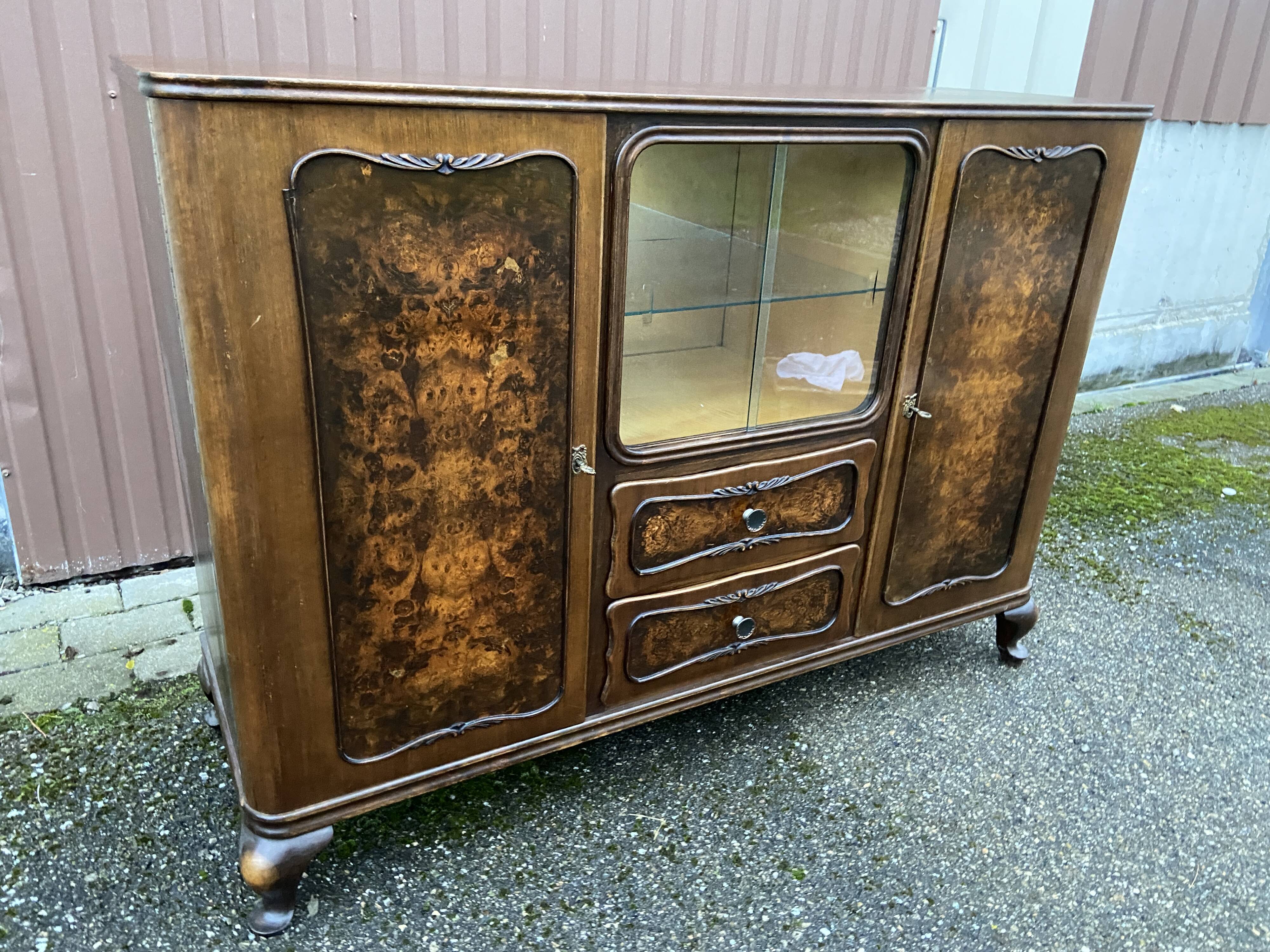 Art deco Chippendale sideboard Mid-century vintage 1950 Burl walnut