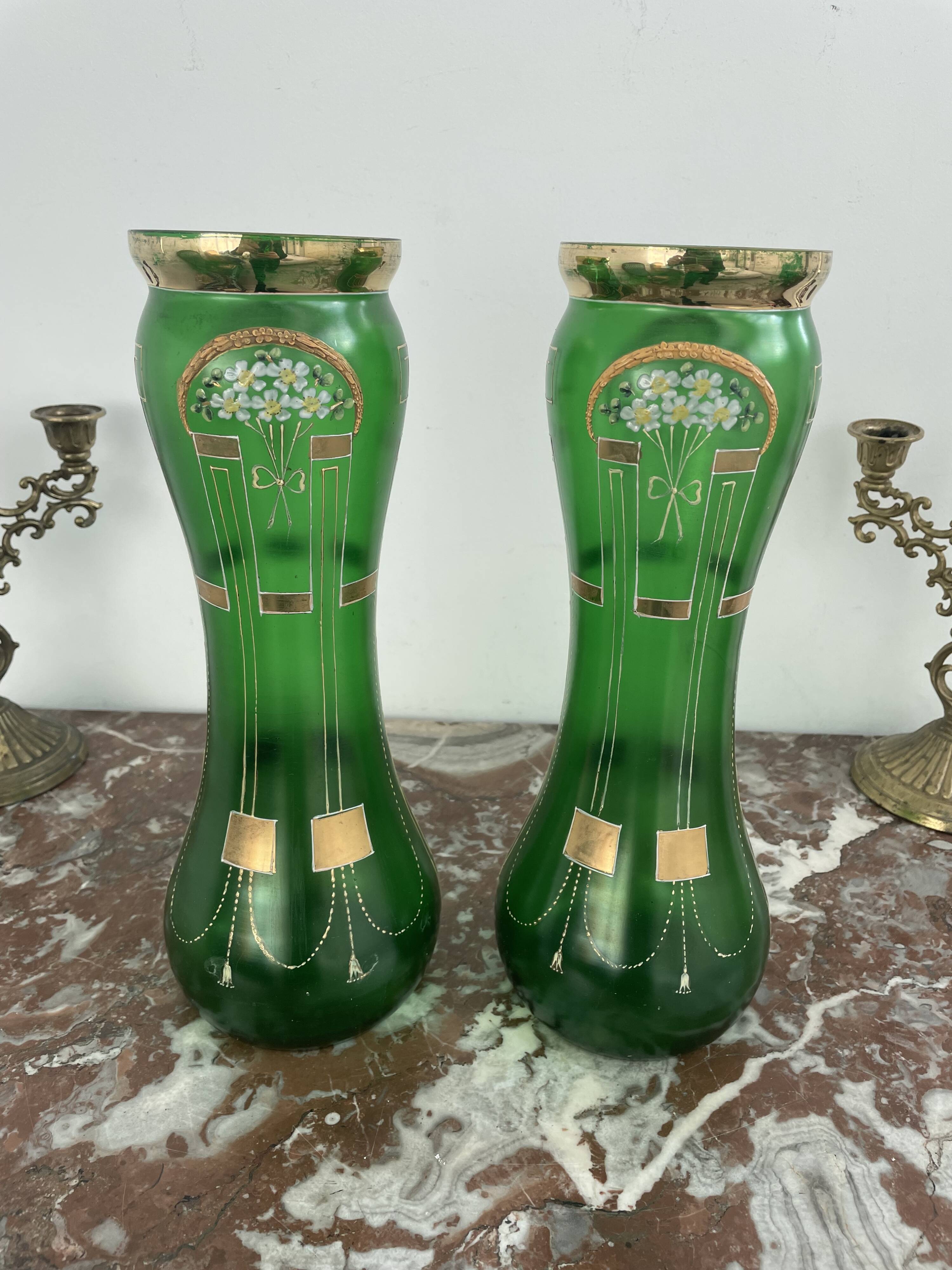 Antique, pair, green vases, flower decoration, golden, ART DECO, daisies, knot, hand painted