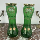Paire de vases verts, décor fleurs, doré, art deco, marguerites, nœud, peint à la main, antique