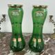 Antique, pair, green vases, flower decoration, golden, ART DECO, daisies, knot, hand painted