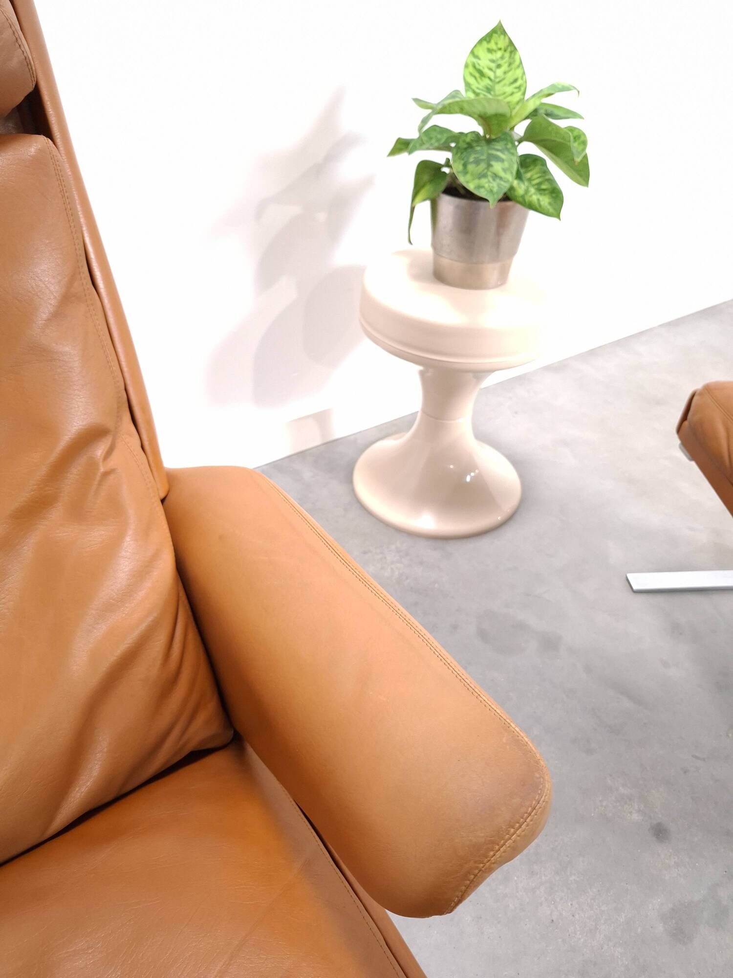 Vintage COR Swing armchair with ottoman, Reinhold Adolf, cognac leather