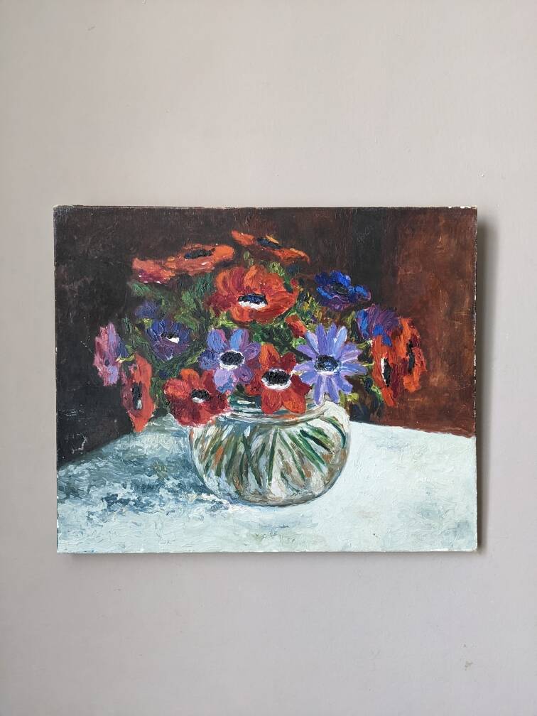 Antique painting still life old acrylic on canvas bouquet of flowers