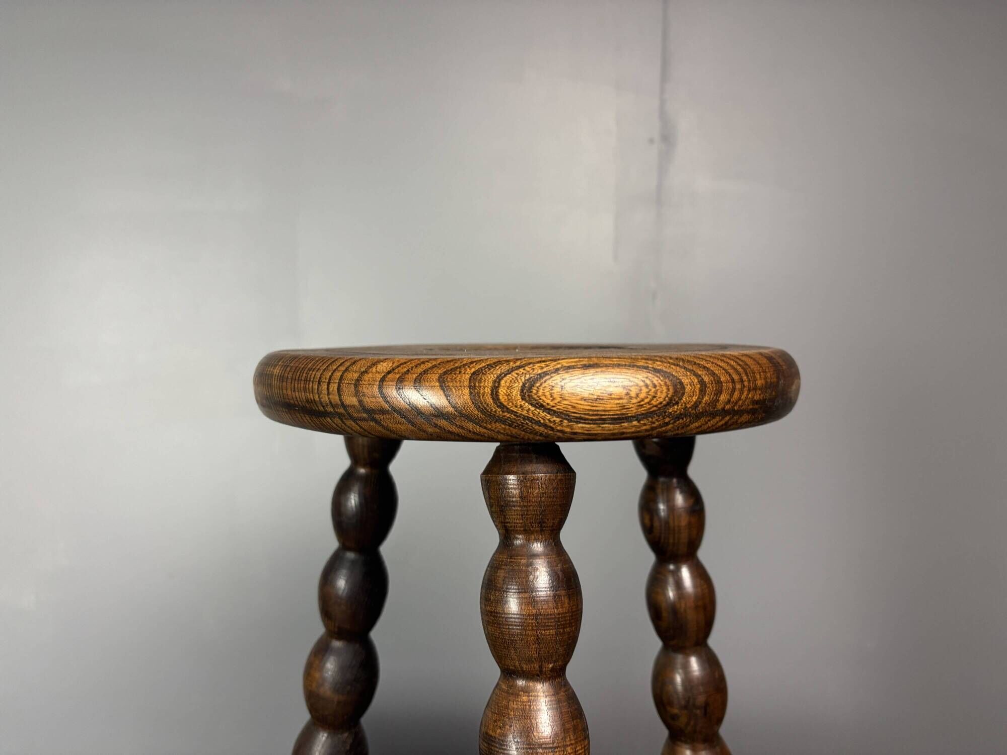 Midcentury bobbin wood turned stool, Charles Dudouyt style, France, 1950s