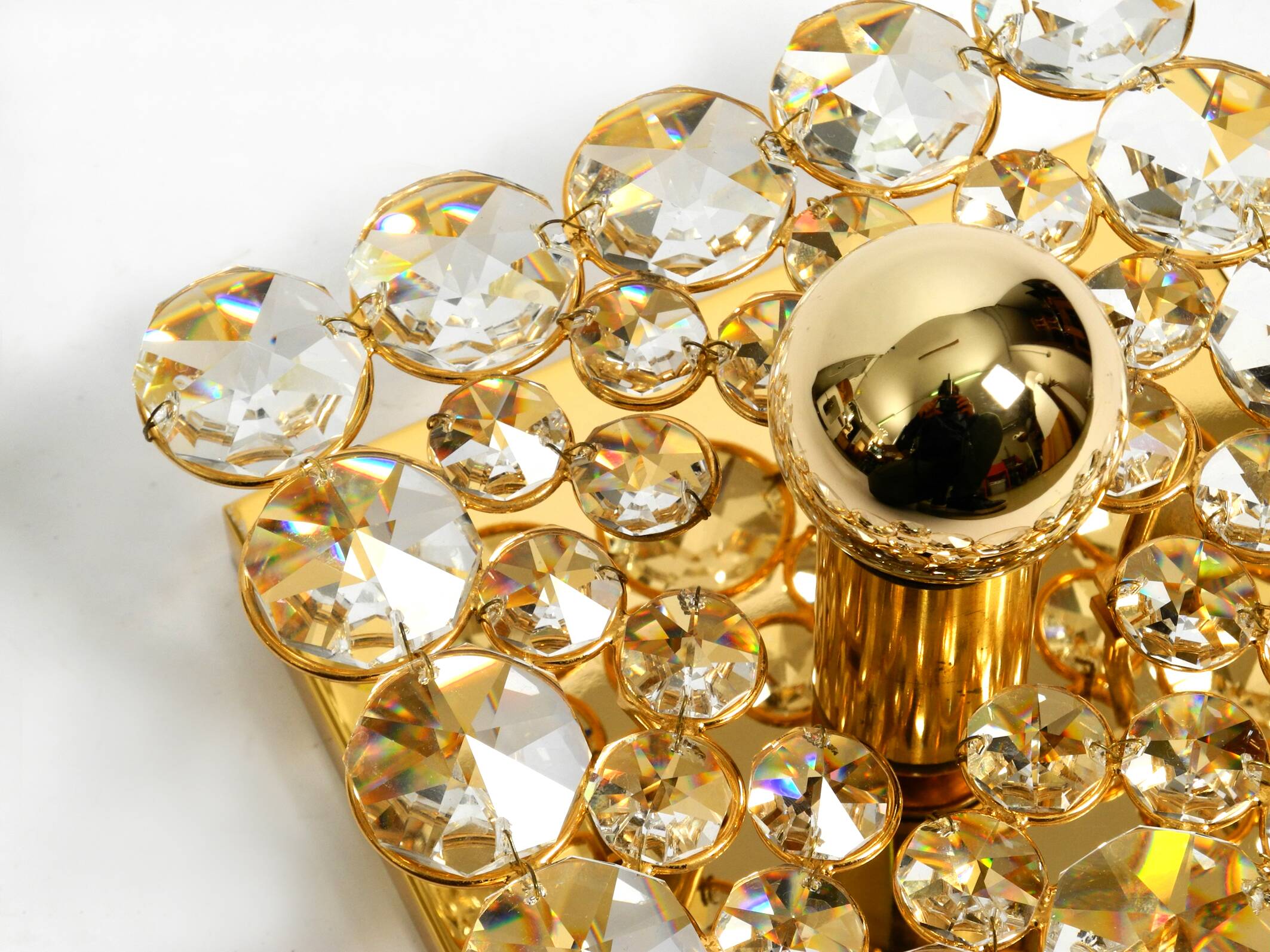 Small 70s Palwa brass ceiling or wall lamp with faceted crystal stones