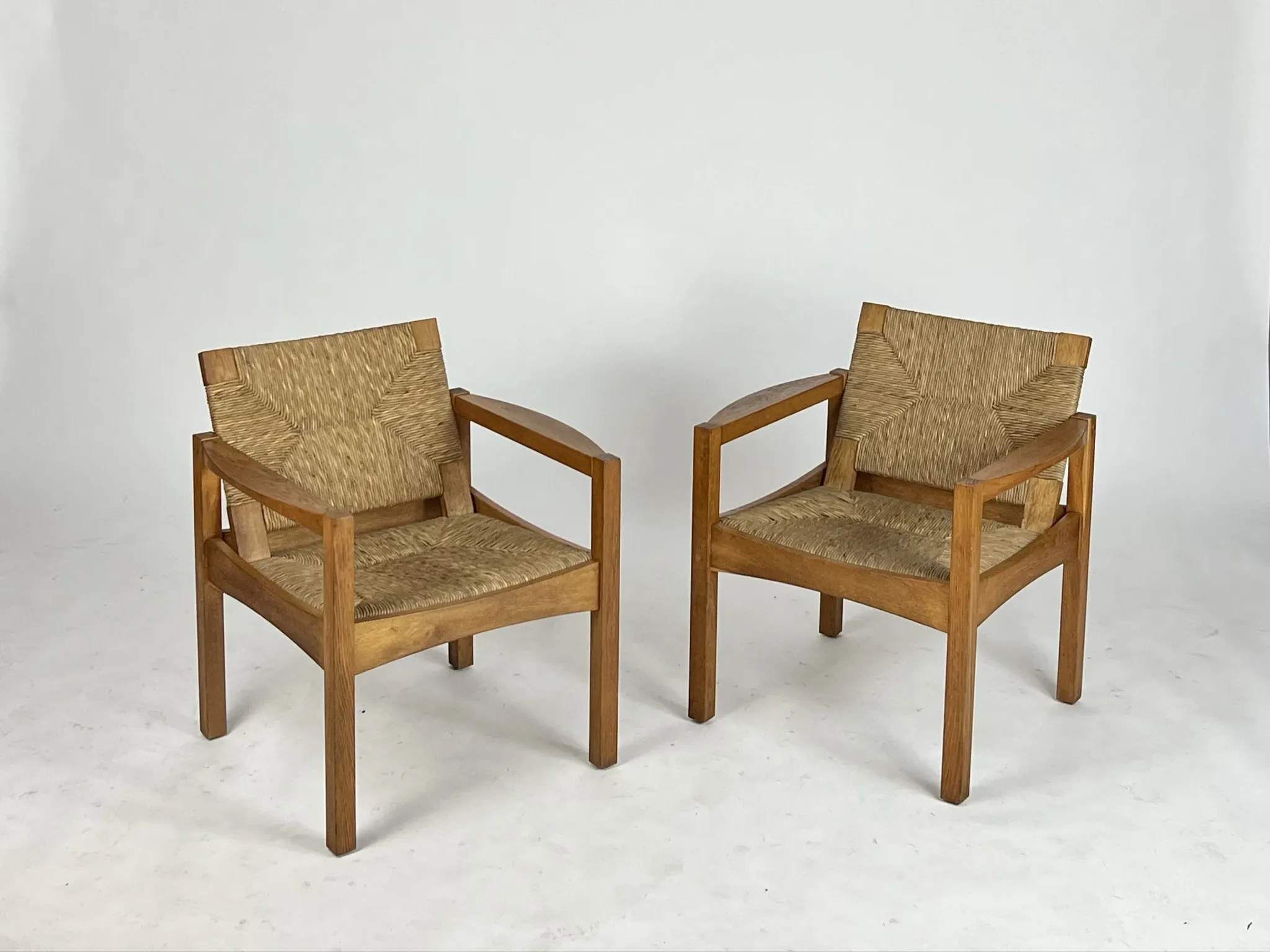 Set of 2 Vintage armchair easy chairs oak & seagrass 60s mid-century