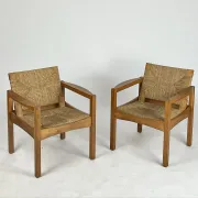 Set of 2 Vintage armchair easy chairs oak & seagrass 60s mid-century