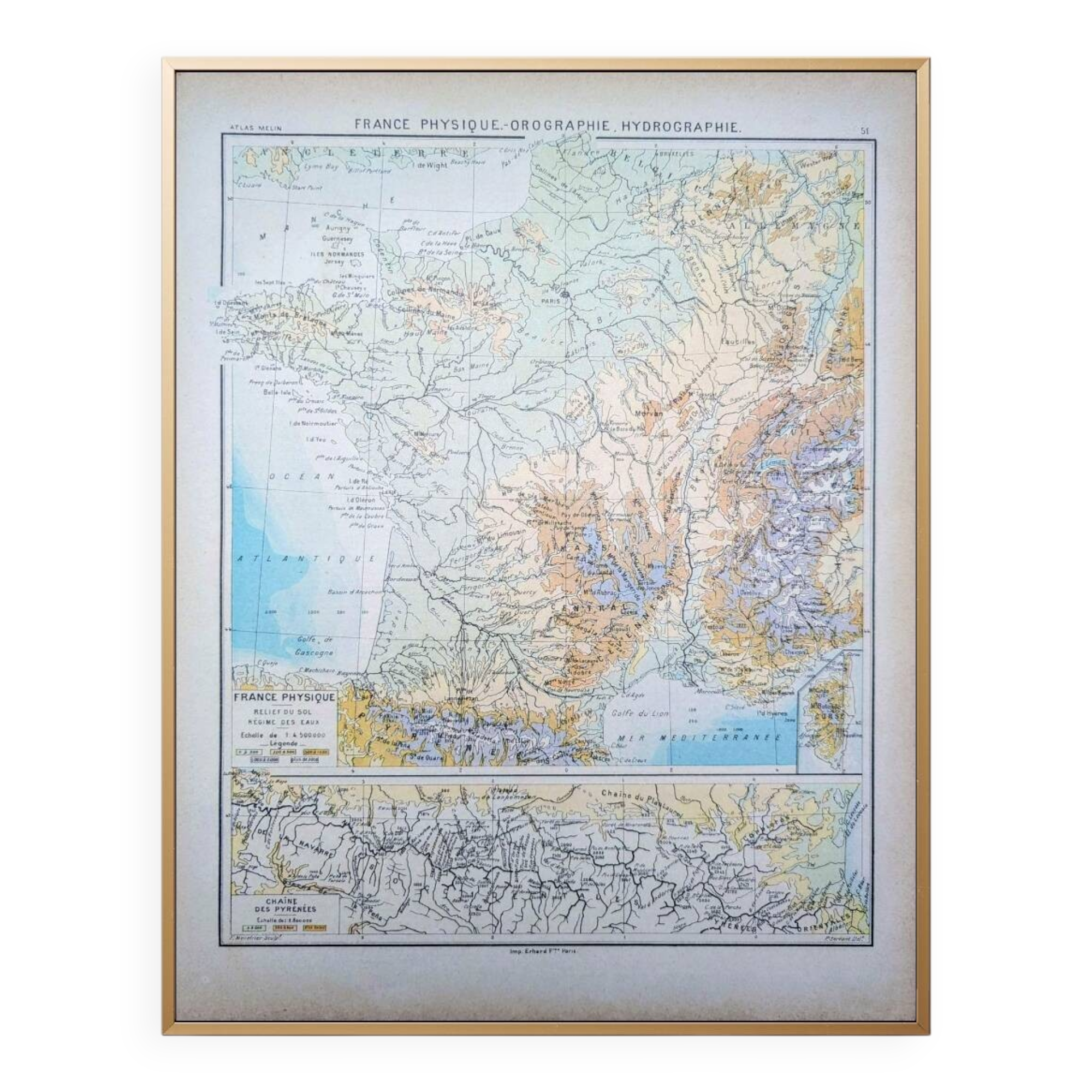 Physical map of France, original printed in 1896