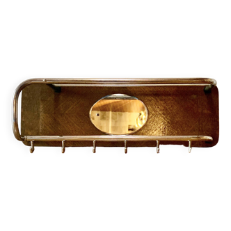 Vintage coat rack in wood and chrome metal with beveled mirror