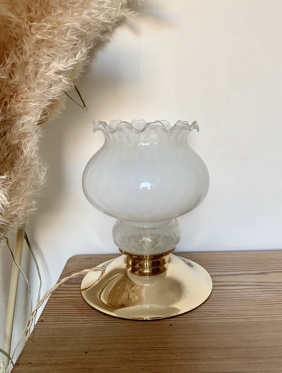 Vintage Table Lamp with White Globe and Antique Brass Base - Elegant Lighting with Braided Gold Wire