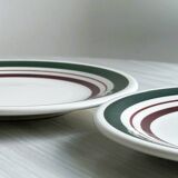 2 green and burgundy strip dessert plates.