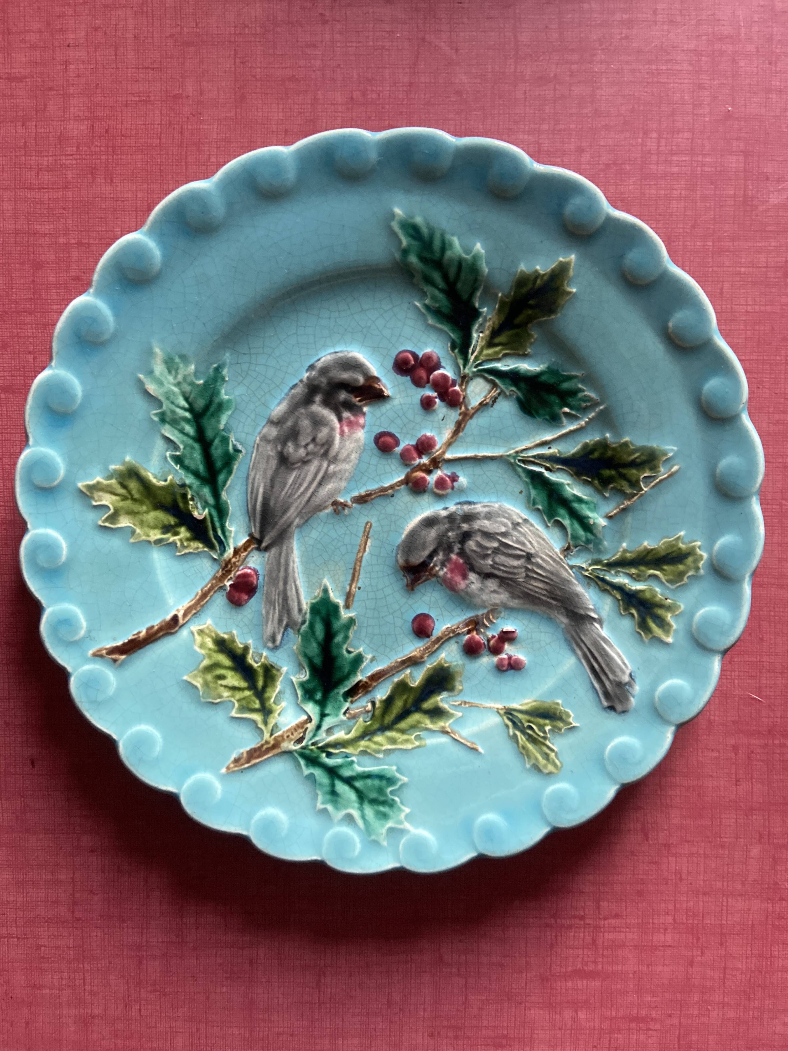 Set of 6 Barbotine Plates Sarreguemines Turquoise - Birds & Fruit