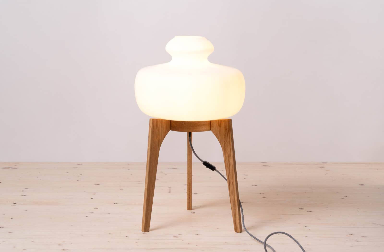 Space Age Floor Lamp, White Glass Lampshade, Wooden Base, 1960s