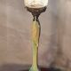 Art Nouveau bronze chalice lamp with antique tulip and painted water green glass