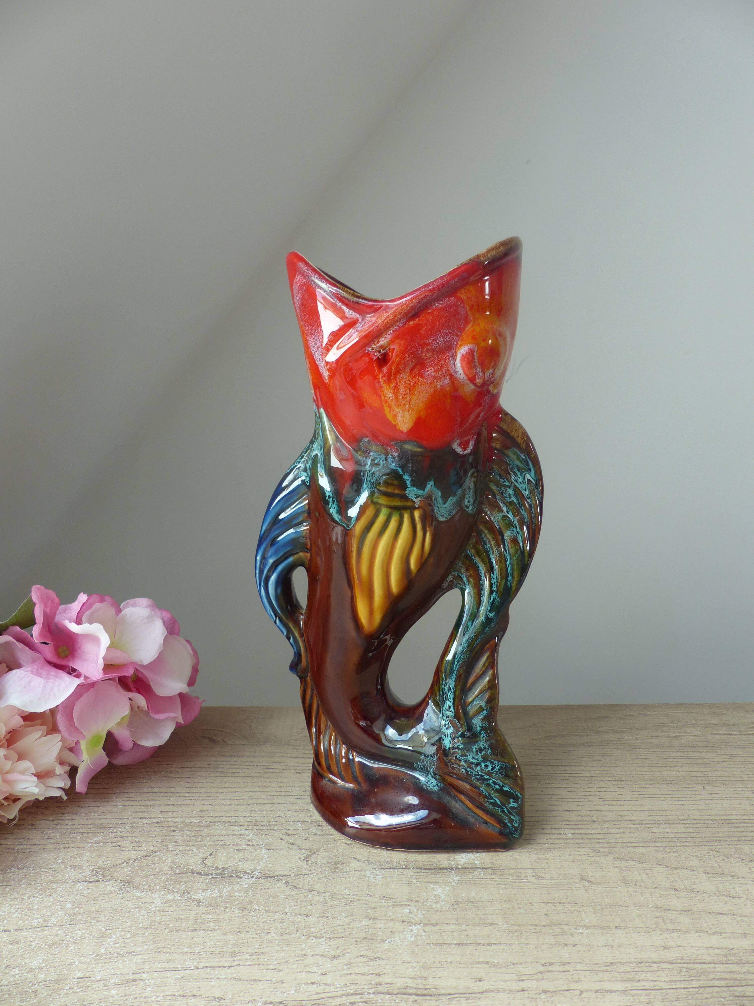 Vintage Vallauris Style Colorful Ceramic Fish Shaped Pitcher