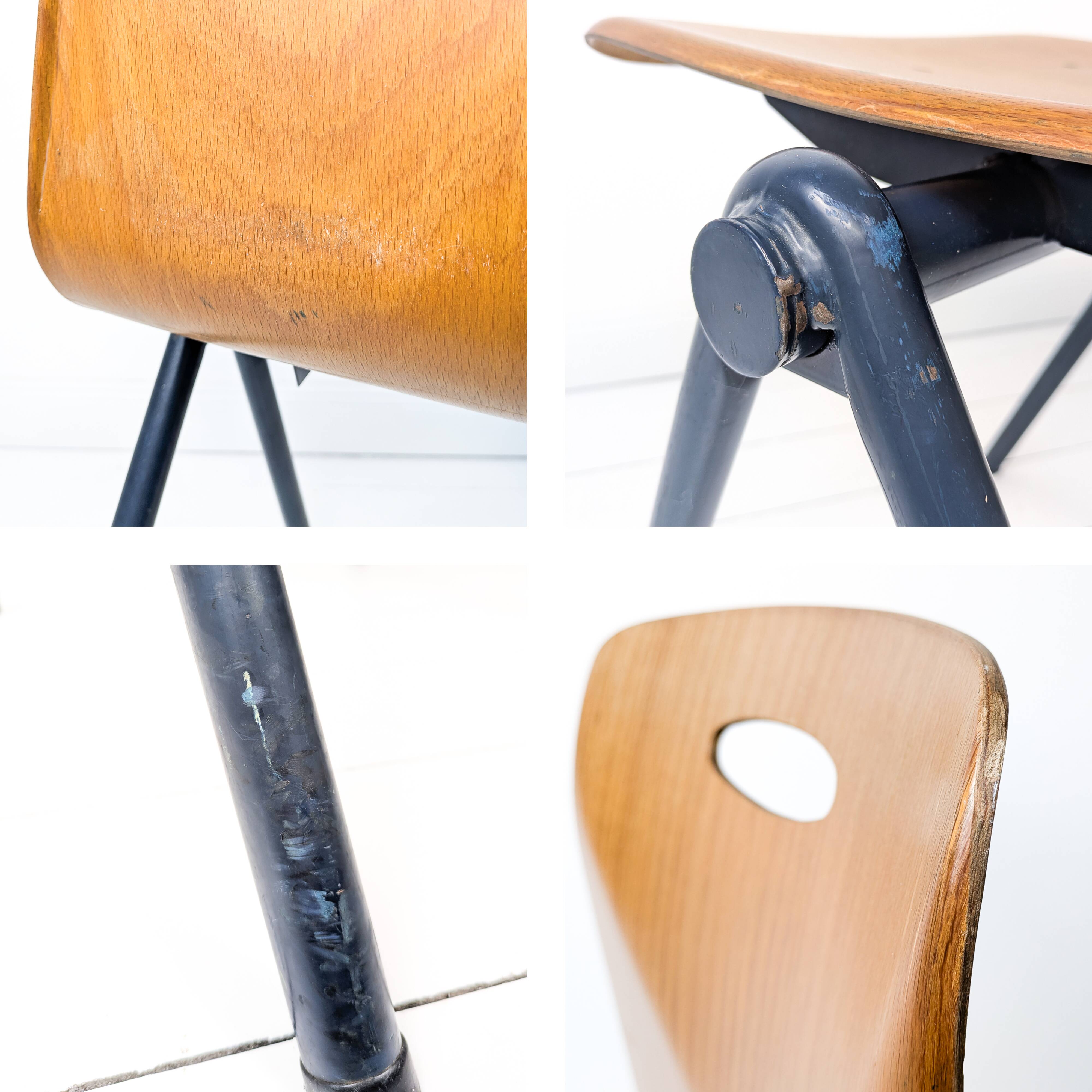Lot de 4 chaises empilables vintage métal bois, style industriel Mid-Century