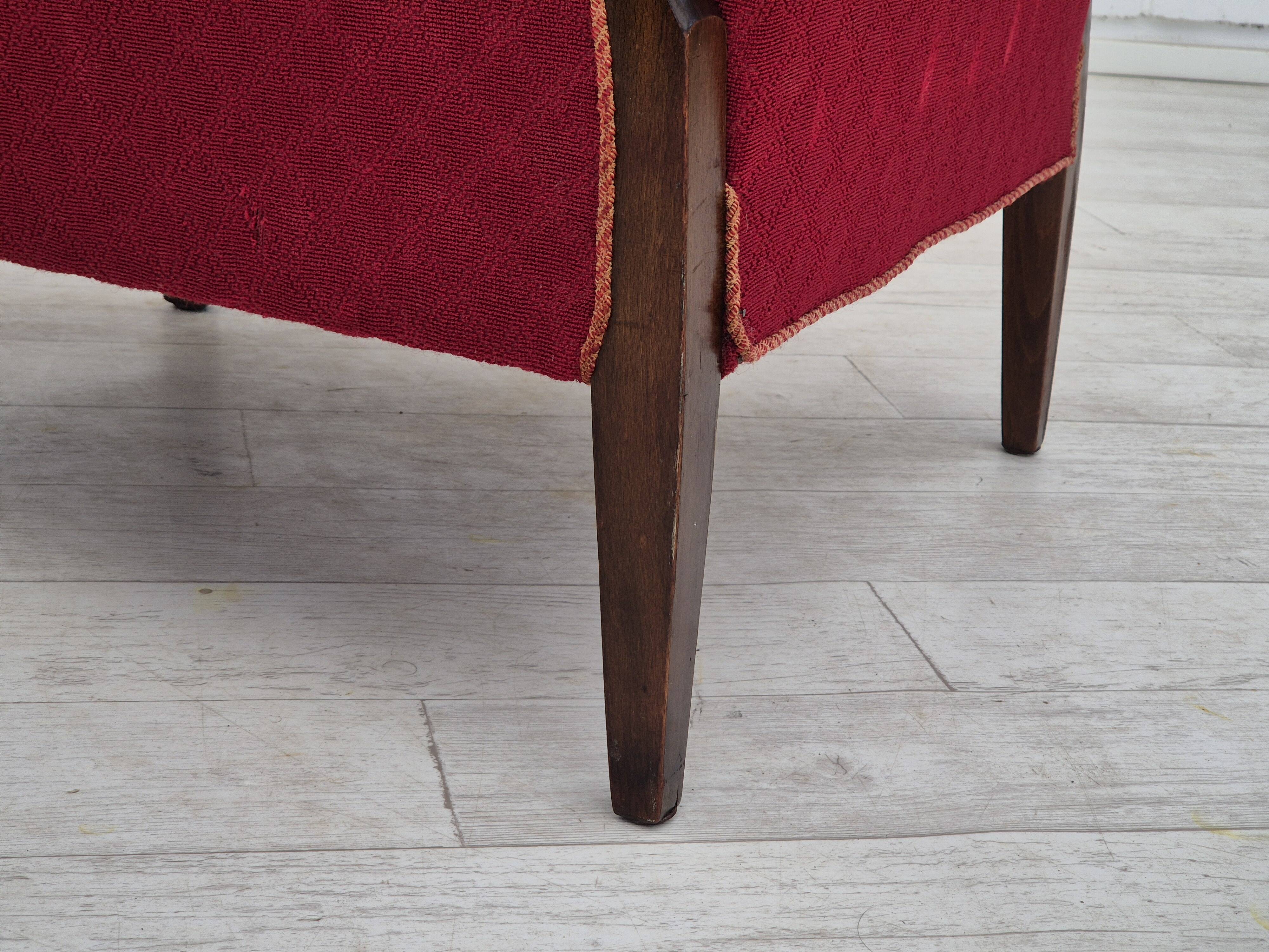 1950s, Danish design, armchair, original condition, red cotton-wool fabric.