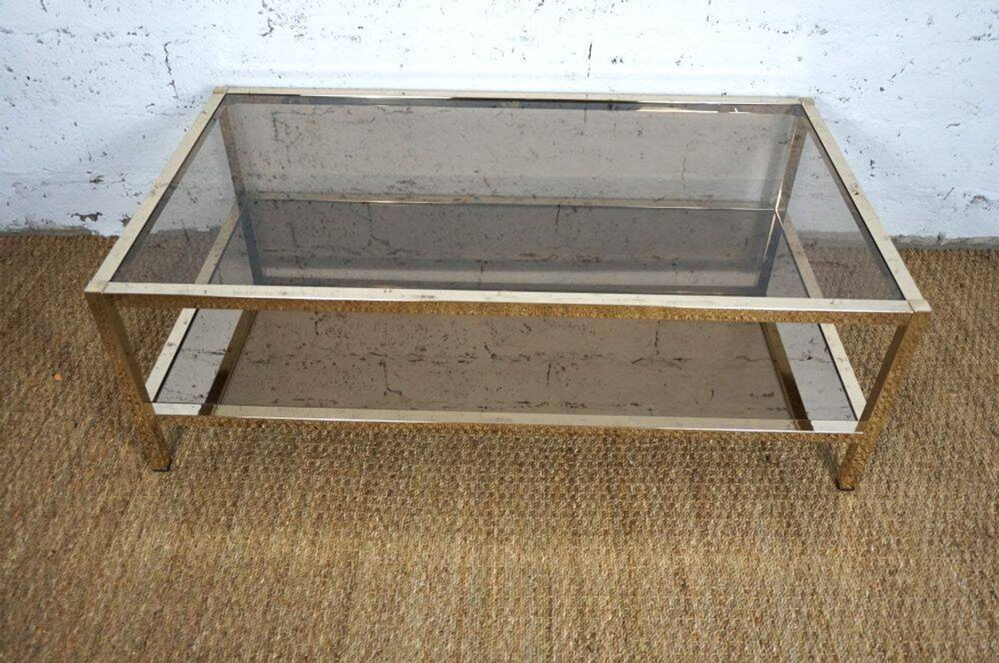 Gold chrome coffee table with double smoked glass tops 1970s