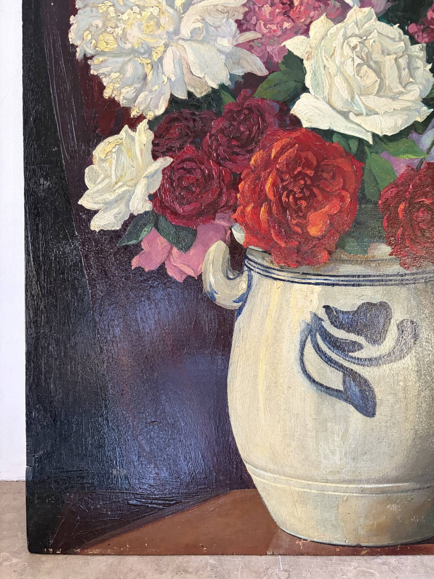 Bouquet of roses, burgundy background, oil on panel 1951