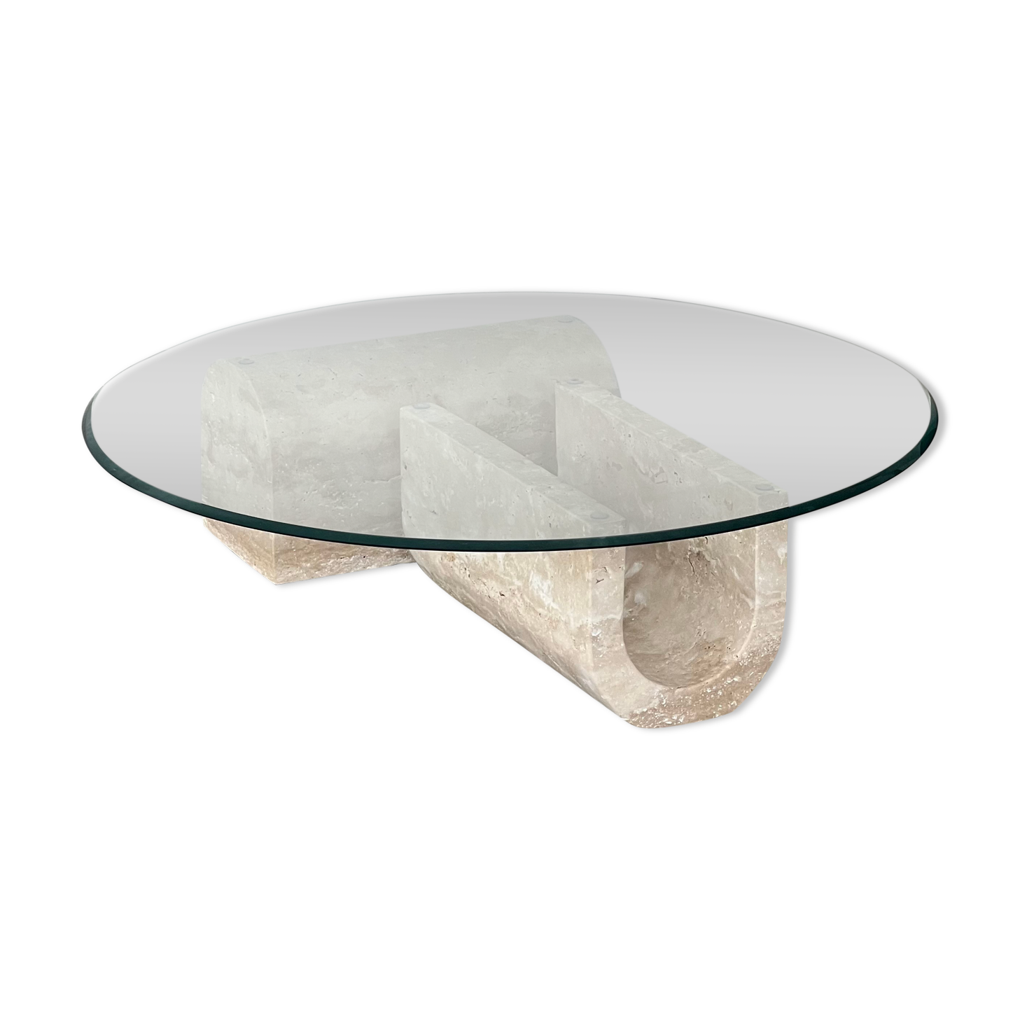 Coffee table in travertine and glass