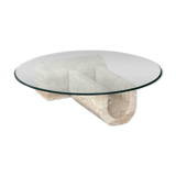 Coffee table in travertine and glass