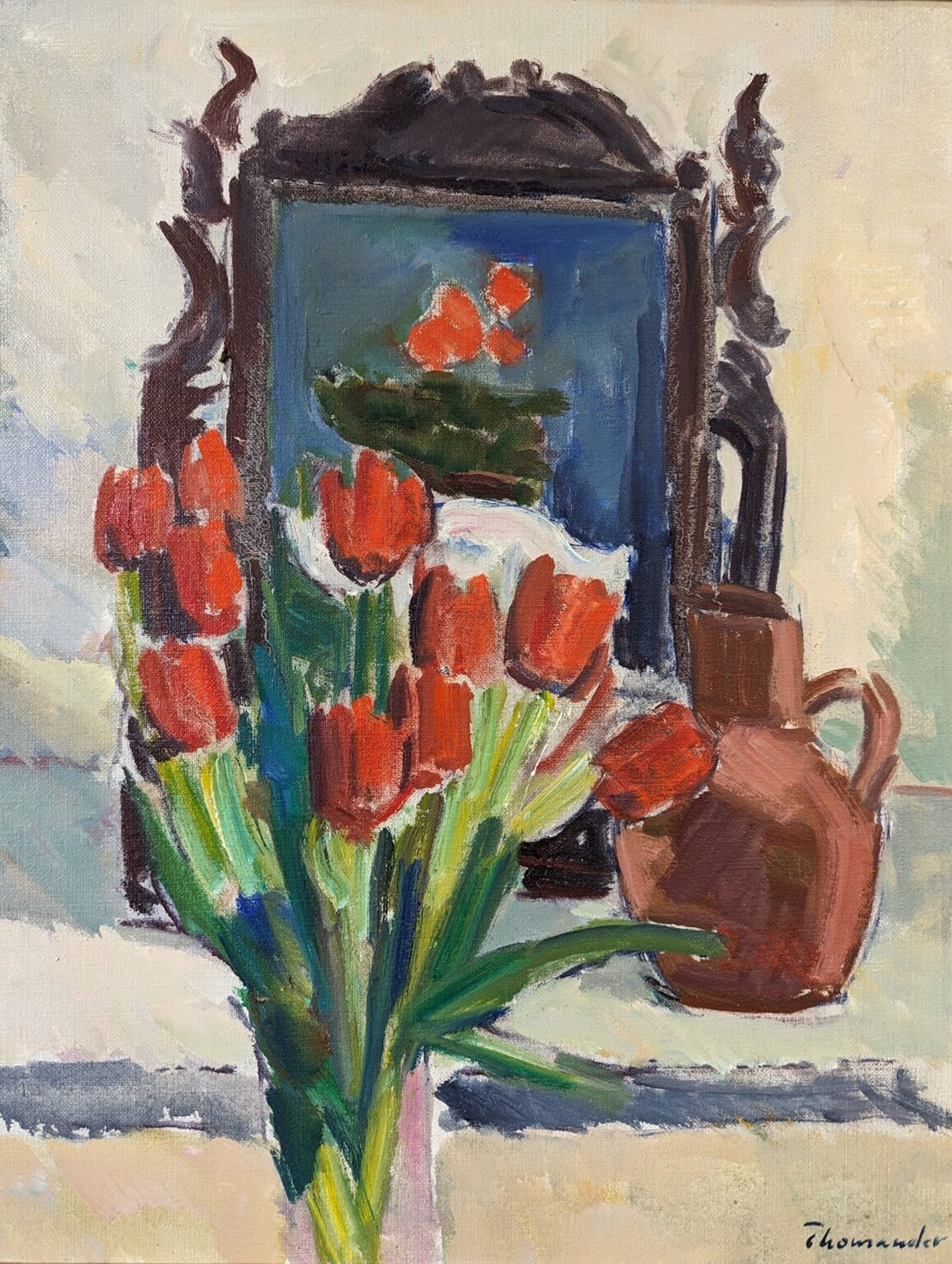 Mid-Century Modern "Window Red Tulips", Swedish Interior Still Life Oil Painting, Framed