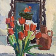 Mid-Century Modern "Window Red Tulips", Swedish Interior Still Life Oil Painting, Framed