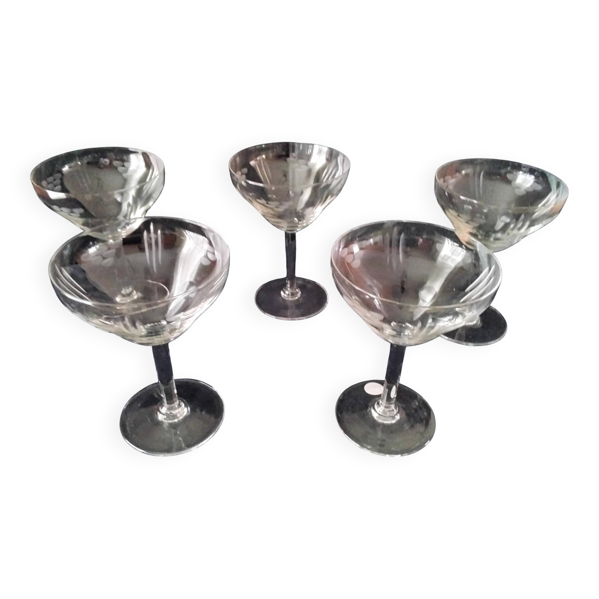 5 Vintage glass champagne coupes with engraved decoration